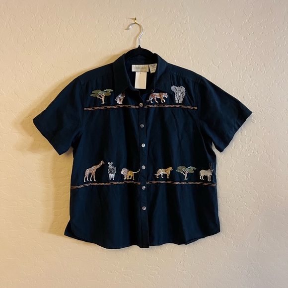 Lemon Grass Vintage Black Shirt w/Safari Animal Embroidery - Picture 3 of 12